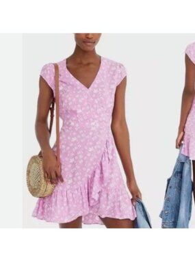 J. Crew Size 4 Pink Floral Faux Wrap Dress Ruffle Cap Sleeve L766